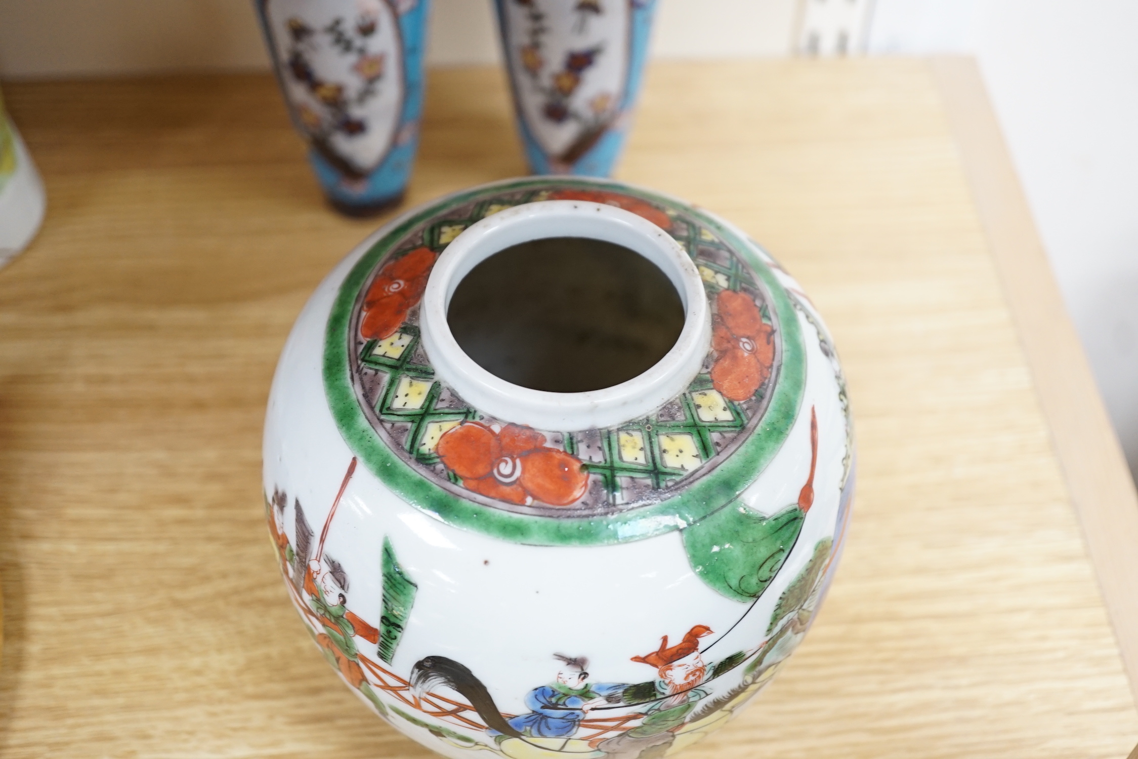 A Satsuma covered pot, a pair of cloisonné enamel vases and a Chinese ginger jar